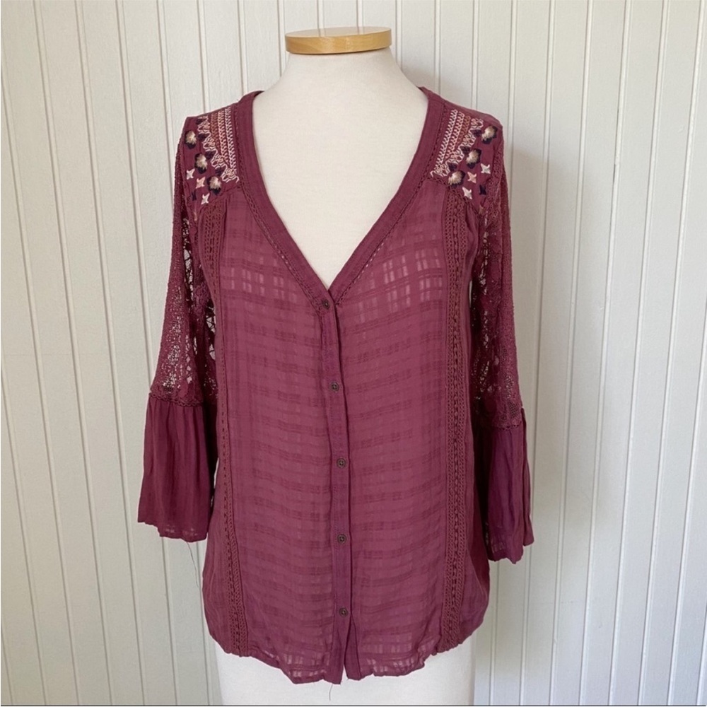 Knox Rose Boho Peasant 3/4 Sleeve Maroon Red Lace Shirt Top Size XS